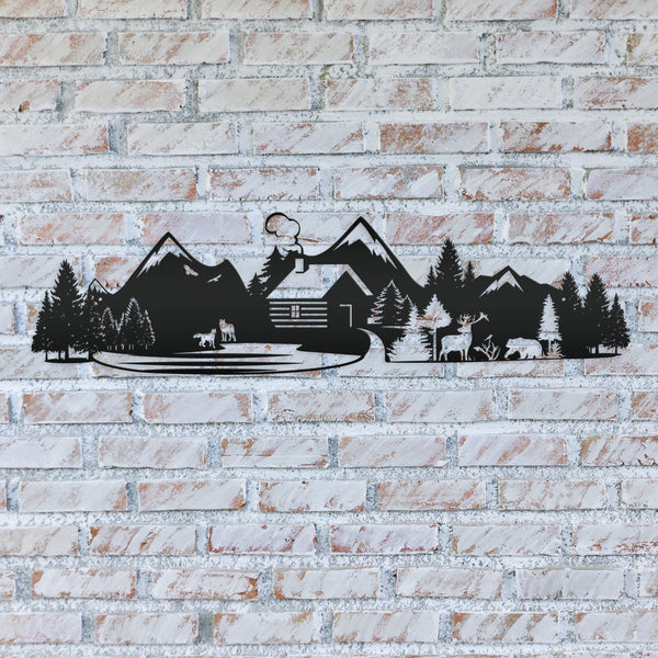 Outdoor Mountain Cabin Silhouette Nature Scene Metal Sign