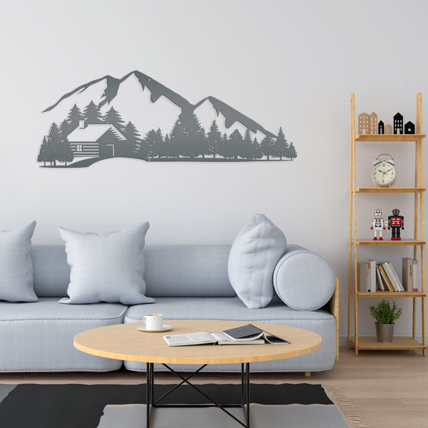 Outdoor Mountain Cabin Silhouette Nature Scene Metal Sign