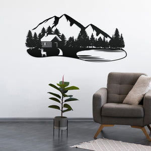 Outdoor Mountain Cabin Silhouette Nature Scene Metal Sign