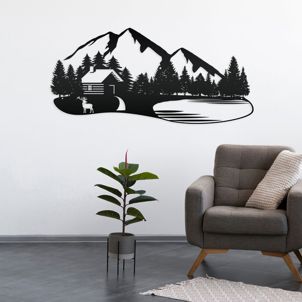 Outdoor Mountain Cabin Silhouette Nature Scene Metal Sign