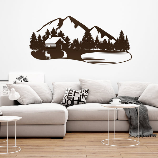 Outdoor Mountain Cabin Silhouette Nature Scene Metal Sign