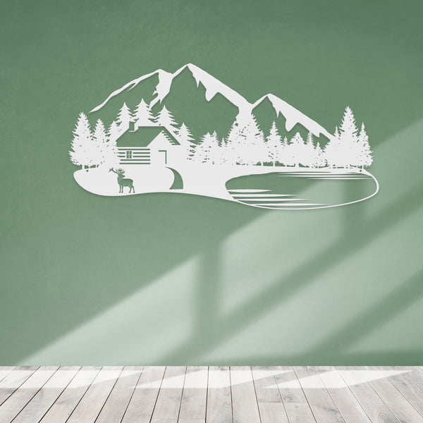 Outdoor Mountain Cabin Silhouette Nature Scene Metal Sign