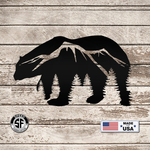 Bear Silhouette With Mountain Scene Metal Sign