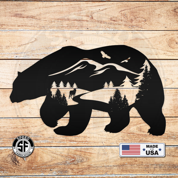 Bear Silhouette With Mountain Scene Metal Sign