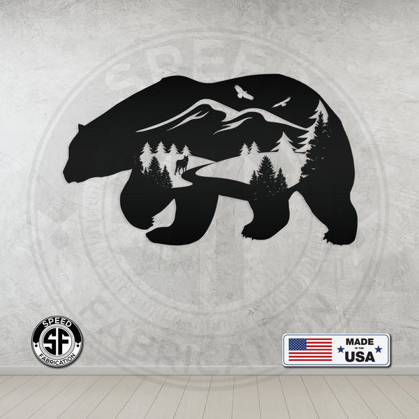 Bear Silhouette With Mountain Scene Metal Sign