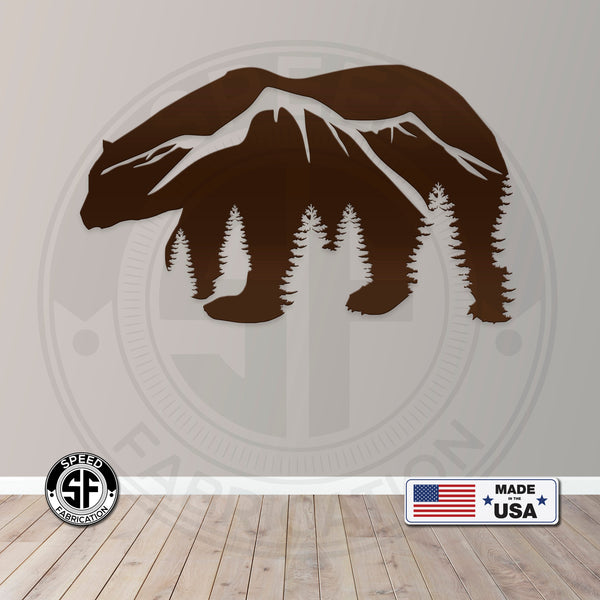 Bear Silhouette With Mountain Scene Metal Sign