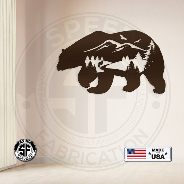 Bear Silhouette With Mountain Scene Metal Sign