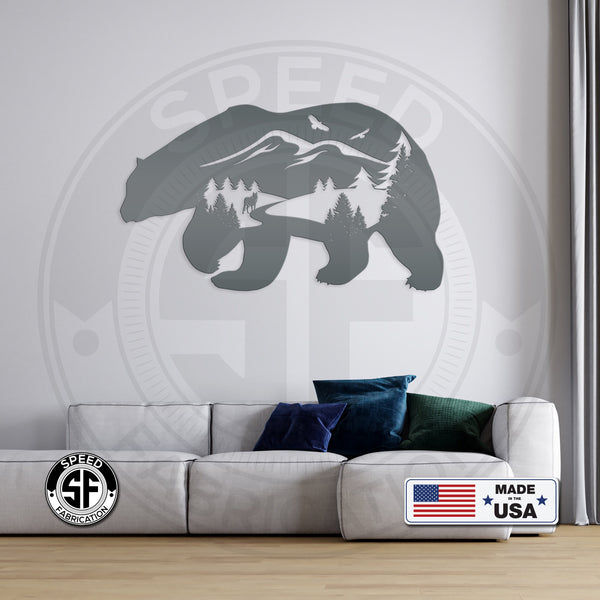 Bear Silhouette With Mountain Scene Metal Sign
