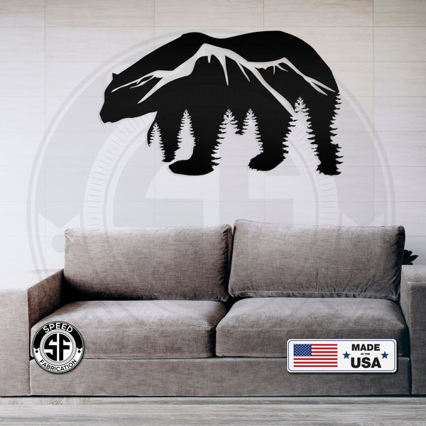 Bear Silhouette With Mountain Scene Metal Sign