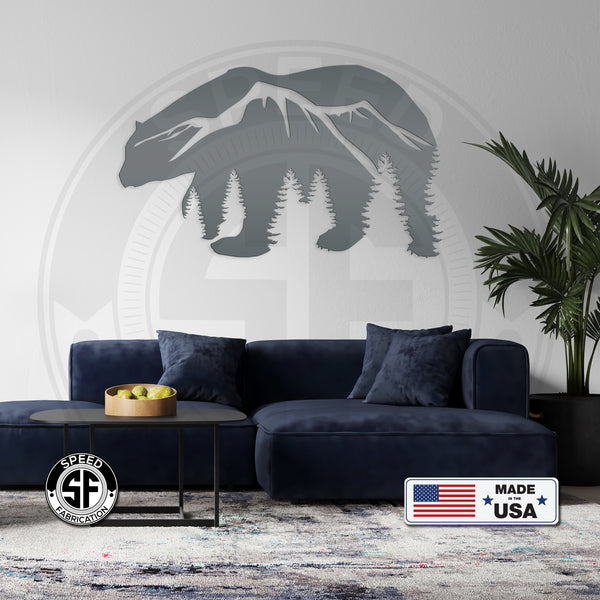 Bear Silhouette With Mountain Scene Metal Sign
