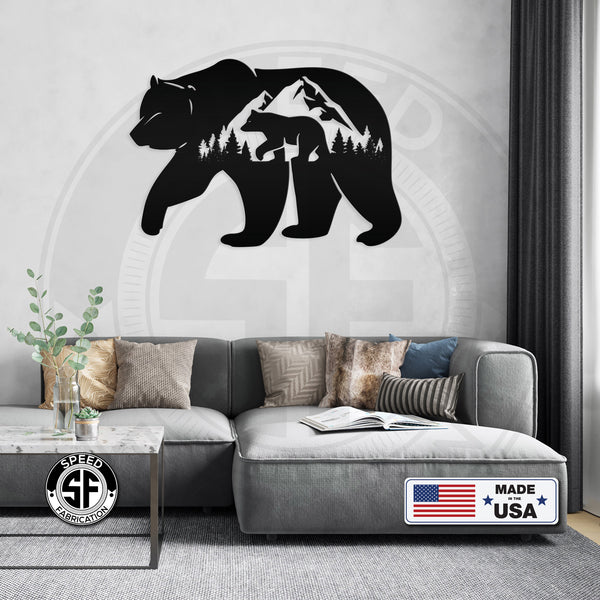 Bear Silhouetts With Mountain Scene Metal Sign