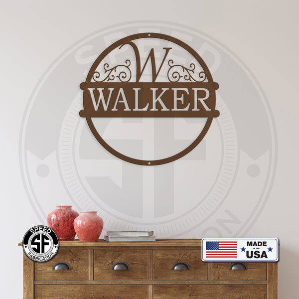 Personalized Round Scroll Monogram Metal Sign