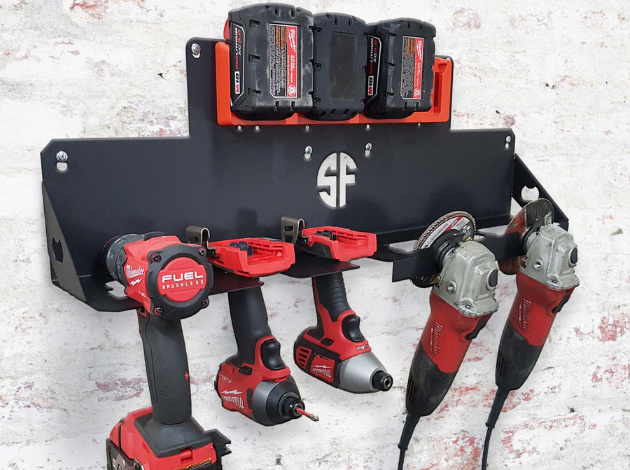 Power Tool Organizer Rack for Drivers and Grinders, Includes Battery Rack