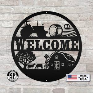 Round Farm Scene Welcome Metal Sign