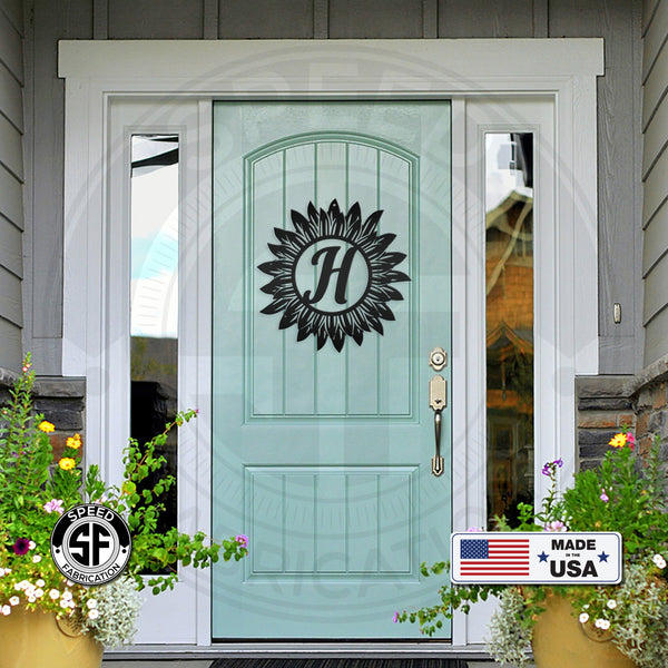 Sunflower Monogram Sign, Flower Sign with Monogram Letter, Front door sign
