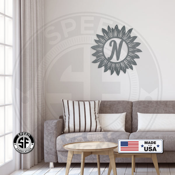 Sunflower Monogram Sign, Flower Sign with Monogram Letter, Front door sign