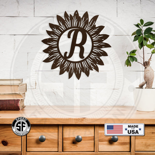 Sunflower Monogram Sign, Flower Sign with Monogram Letter, Front door sign