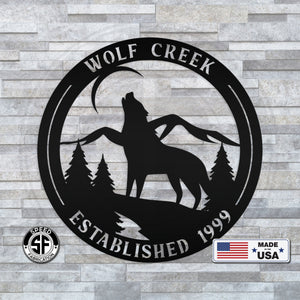 Personalized Name and Established Date Howling Wolf Metal Sign