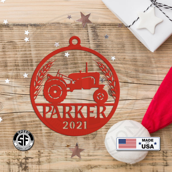 Personalized Tractor and Wheat with Year Metal Christmas/Holiday Ornament