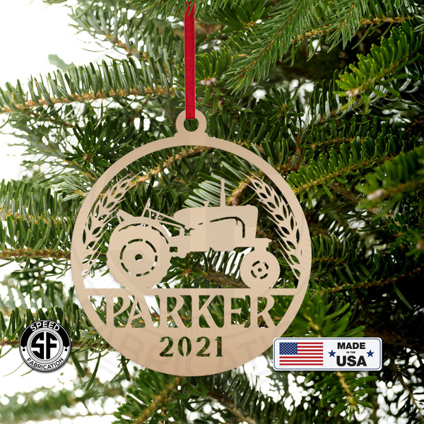 Personalized Tractor and Wheat with Year Metal Christmas/Holiday Ornament