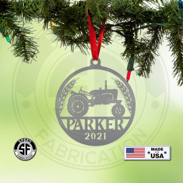 Personalized Tractor and Wheat with Year Metal Christmas/Holiday Ornament