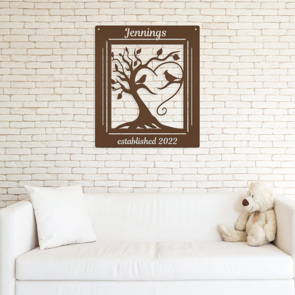 Personalized Decorative Tree with Birds and Established Date Metal Sign
