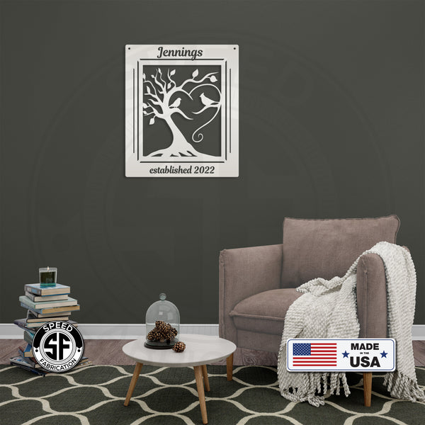 Personalized Decorative Tree with Birds and Established Date Metal Sign