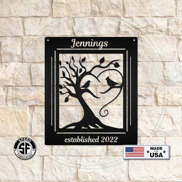 Personalized Decorative Tree with Birds and Established Date Metal Sign
