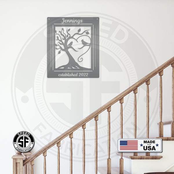 Personalized Decorative Tree with Birds and Established Date Metal Sign