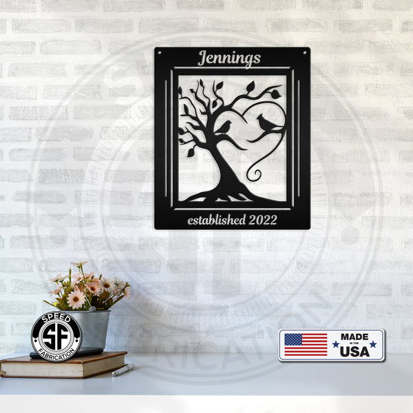 Personalized Decorative Tree with Birds and Established Date Metal Sign