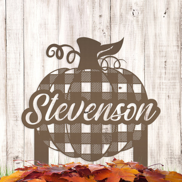 Custom Plaid Pumpkin Metal Yard Stake - Autumn Decor - Last Name Fall Sign