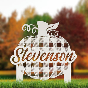 Custom Plaid Pumpkin Metal Yard Stake - Autumn Decor - Last Name Fall Sign