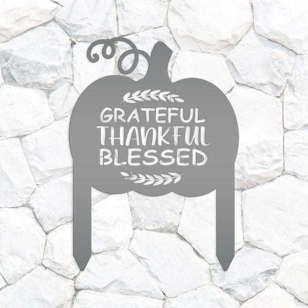 Grateful Thankful Blessed Metal Yard Stake - Autumn Decor