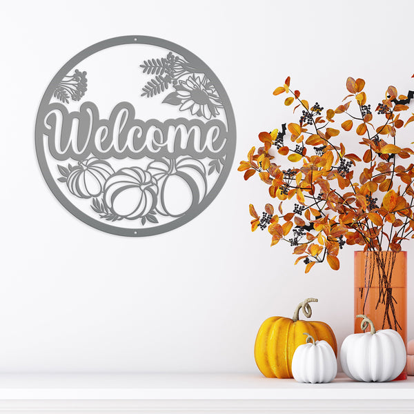 Fall Welcome Metal Sign With Pumpkins -Autumn Decor - Fall Wall Art