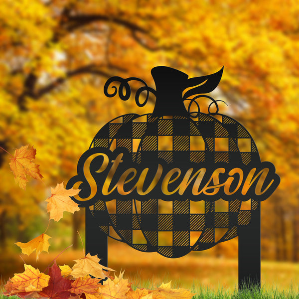 Custom Plaid Pumpkin Metal Yard Stake - Autumn Decor - Last Name Fall Sign