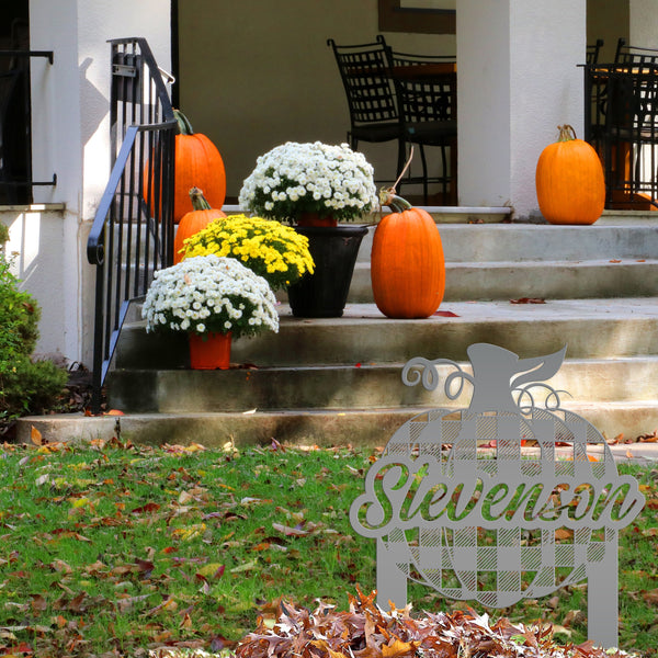 Custom Plaid Pumpkin Metal Yard Stake - Autumn Decor - Last Name Fall Sign