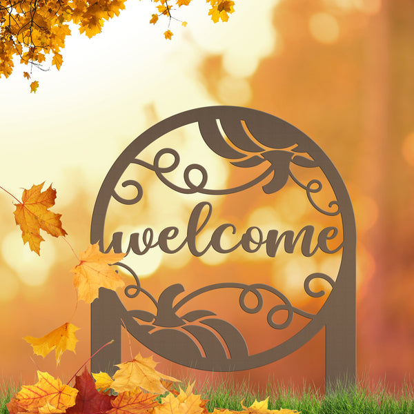 Pumpkin Welcome Sign - Fall Metal Yard Stake - Metal Yard Sign with Pumpkin