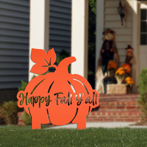 Happy Fall Y'all Pumpkin Metal Yard Stake - Autumn Decor