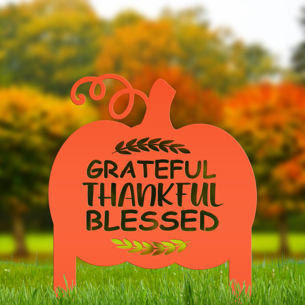 Grateful Thankful Blessed Metal Yard Stake - Autumn Decor