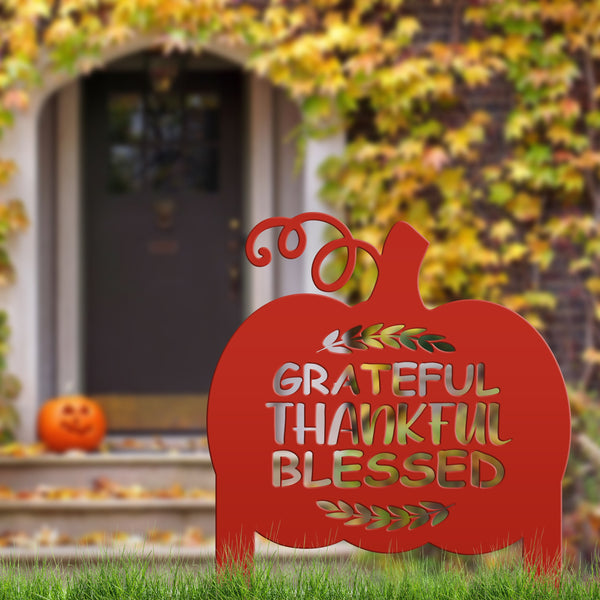 Grateful Thankful Blessed Metal Yard Stake - Autumn Decor