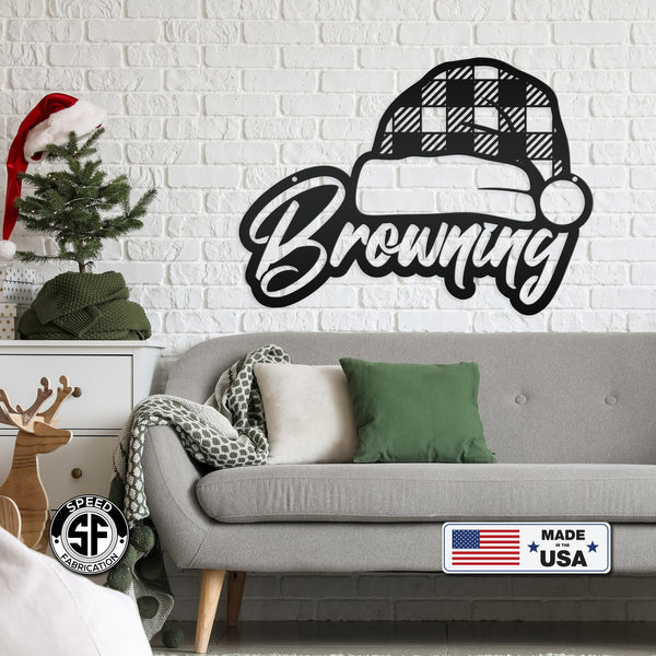 Metal Personalized Plaid Santa Hat Sign - Christmas Decor