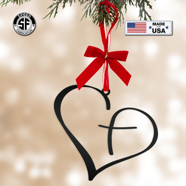 Metal Heart Cross Ornament, Christian Holiday Decor, Gift topper