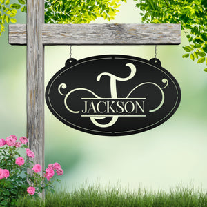 Monogram Sign Wedding Gift, Business Sign, Oval Outdoor Sign with Last Name, Anniversary Gift Idea, Hanging Metal Sign, Home Decor