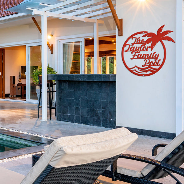 Personalized Pool Sign for Outdoor Patio or Porch Customizable Tropical Palm Tree Sign Outdoor Decor for Deck Family Name Tiki Bar Sign