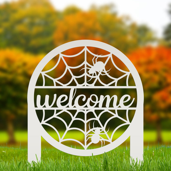 Spiderweb Welcome Metal Yard Stake - Halloween Decor