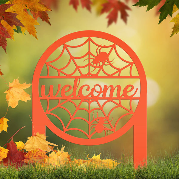 Spiderweb Welcome Metal Yard Stake - Halloween Decor