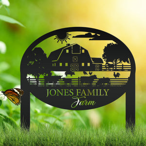 Farm Sign Metal Address Stake, Family Name Customizable Yard Sign with Established Date or Street Name, Outdoor Farm Scene Powder Coated