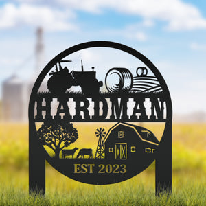 Farm Sign Metal Yard Stake, Customizable Outdoor Gift, Lawn Decoration with Cows and Hay Fields, Livestock Small Business Signage Idea
