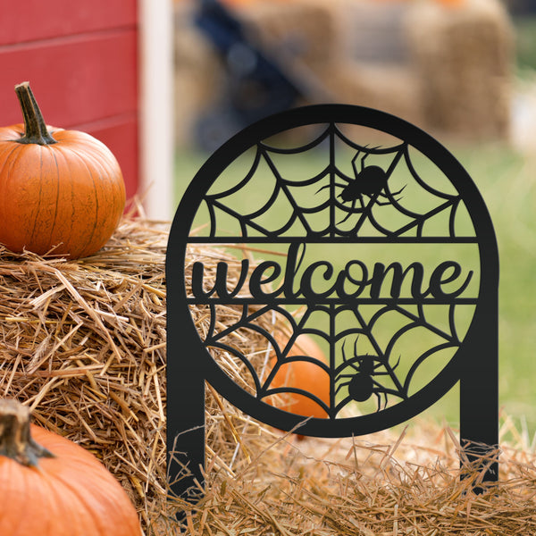 Spiderweb Welcome Metal Yard Stake - Halloween Decor