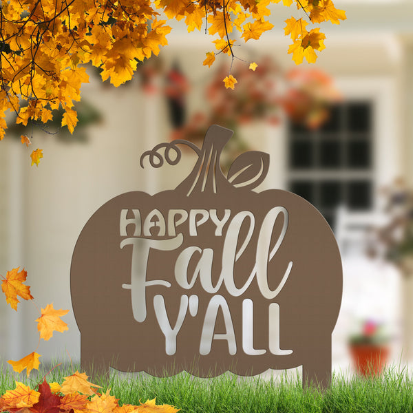 Happy Fall Y'all Pumpkin Metal Yard Stake - Autumn Decor